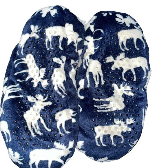 Lazy One Womens Slippers Sz L XL 7-9 Classic Moose Fuzzy Feet Non Slip Blue Navy - Picture 4 of 7